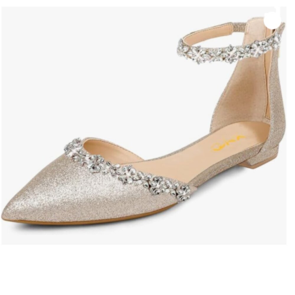 XYD Light Gold-glitter Pointed Toe Rhinestones Ankle Strap Wedding Sandal